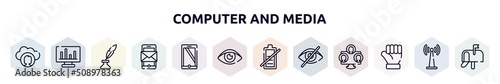 computer and media outline icons set. thin line icons such as cloud computing user, laptop with statistical chart, quill and ink, smartphone with message, monitor tablet and smartohone, eye close