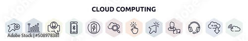 cloud computing outline icons set. thin line icons such as add, coverage level, chat avatar, , charging circle, internet search, hand cursor, clicking cursor, heads with microphone icon.
