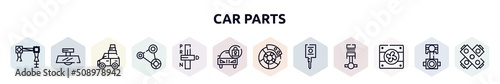 car parts outline icons set. thin line icons such as car torsion bar, car rear-view mirror, luggage rack, fan belt, transmission, lock, brake, ignition, fan icon.
