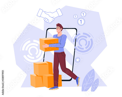 Distribution, dropshipping and resale concept of online store or marketplace, e-commerce business. Businessman shipping sold items, flat vector illustration isolated on white background. photo