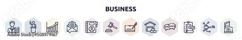 business outline icons set. thin line icons such as accountant, auctioneer, rise, email marketing, contact book, bid, cryptographic, wholesaler, bills icon.