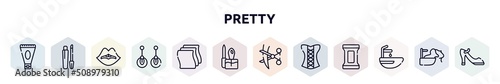 pretty outline icons set. thin line icons such as anti aging cream, gloss, woman lips, two earrings, cleaning wipes, manicure, hair cut, women cor, hair washer sink icon.