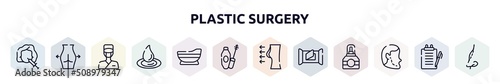 plastic surgery outline icons set. thin line icons such as mesotherapy, gluteus, surgeon, waterdrop, bathtube, mascara, breast enlargement, wet wipes, implant icon.