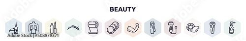beauty outline icons set. thin line icons such as dye, mastopexy, lip matt, eyelashes, roll on, cotton discs, brachioplasty, nail clippers, lemon slice icon.
