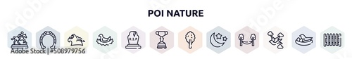 poi nature outline icons set. thin line icons such as trophy of horses races, horseshoe tool, werewolf, bird in nest, tombstone, horses races trophy, plain tree, moon and stars, null icon.
