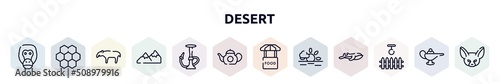 desert outline icons set. thin line icons such as orangutan, moss, tapir, mountains, hookah, teapot, food stand, sun, swing icon.