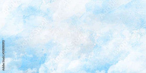 White and blue color frozen ice surface design abstract background. blue and white watercolor paint splash or blotch background with fringe bleed wash and bloom design.