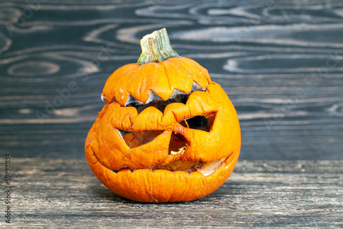 Papier peint carved from pumpkin frightening face in mold and mildew during decomposition