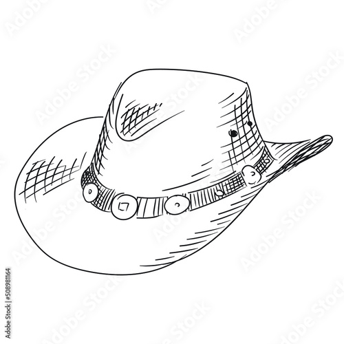 Cowboy hat isolated on white background. Quick line sketch with hatching.