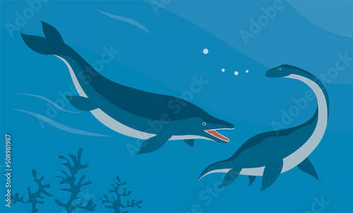 Prehistoric underwater dinosaur mosasaurus vs plesiosaurus. Predatory water pangolin. Scary jaws with teeth. Ancient animals. Sea wildlife of the Jurassic period. Cartoon illustration