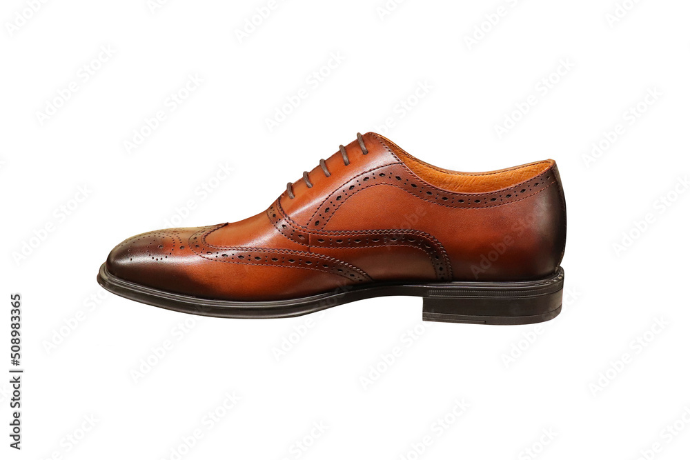 Leather men's shoes. Patent leather brown boot. Shoe cleaning. Classic style. Polishing shoes. An element for design.
