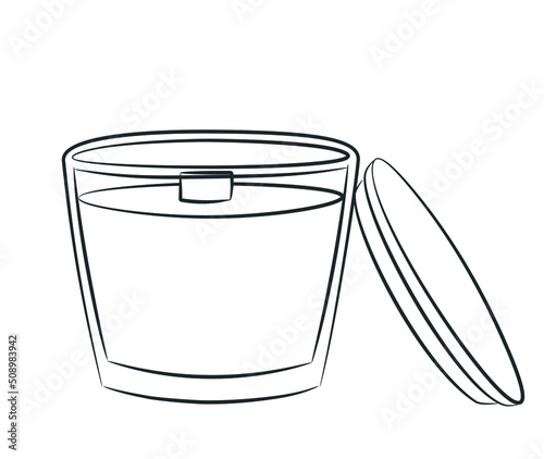 Wax candle in a glass candlestick with a wooden wick and a lid hand-drawn. Sketch in doodle style. Burning candle in a glass. Isolated vector illustration.