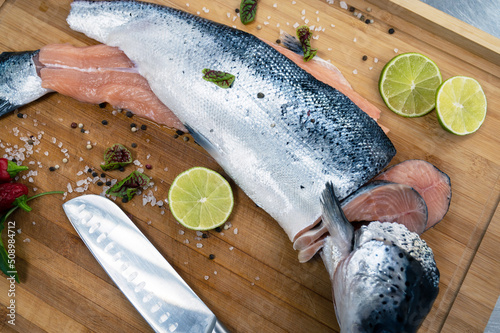Fresh raw salmon fish on th...