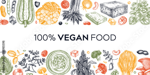 Vegan food illustration in color. Healthy food banner template. Middle eastern cuisine frame. Hand drawn vegan meals and ingredients for menu, recipe, packaging design. Vegan food background