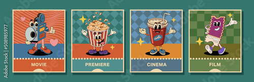 Vintage movie posters. Popcorn character on blue background with text block. Camera character on wavy background. Circle character and ticket on geometric pattern.