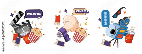 Vector illustration on movie theme. Painted camera with tickets, a bucket of popcorn, a speaker and a board on a white background on the vintage style.