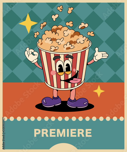 Vintage movie posters. Drawn character popcorn on a background of dark blue pattern with text block. In the colors of the 90s..