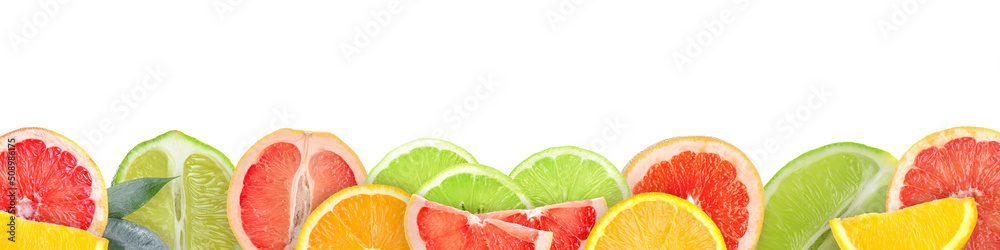 Many cut citrus fruits on white background with space for text Many cut citrus fruits on white background with space for text