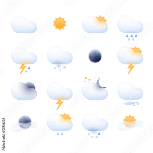 Weather icon set for a website or mobile app UI. Bright realistic 3d modern glass morphism design in vector isolated on dark background.