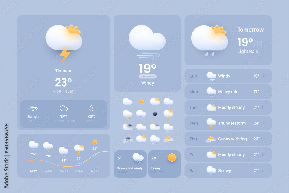 Сards for a weather widget. Weather icon set for a website or mobile app UI. Bright realistic 3d modern glass morphism elements in vector. - obrazy, fototapety, plakaty 