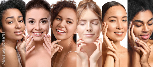 Set of beautiful young women on white background. Cosmetology concept photo