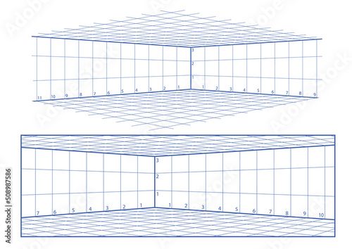 Background wireframe grid for 3d room with two-point perspective. Set line cell of corner interior for sketch template.