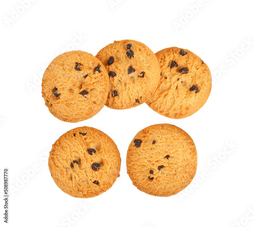 Tasty chocolate chip cookies isolated on white background. Top view