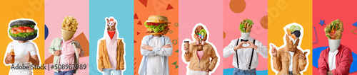 Set of people with tasty food instead of their heads on colorful background