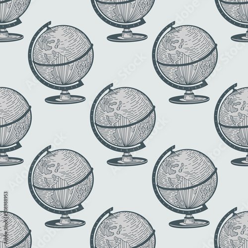 The globe engraved seamless pattern. Vintage background old atlas earth in hand drawn style.