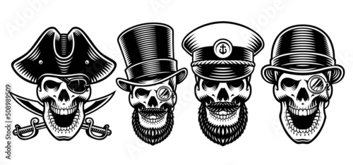 a Set of vector skulls characters such as pirate, sailor and others, these illustrations can be used as t-shirt prints
