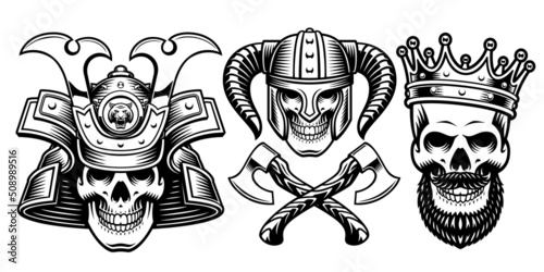 a Set of vector black and white skulls characters such as a samurai, a viking and king