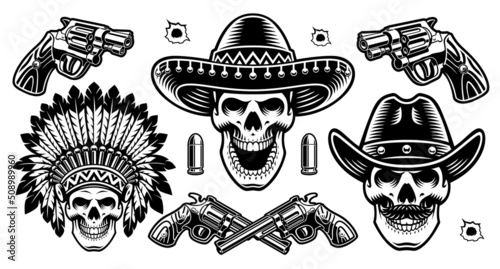 a Set of vector black and white skulls in different hats with guns