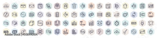 set of user interface web icons in outline style. thin line icons such as tiny power, delete button, blank file, check box, tick box, past, office folders, record voice button, offices icon.