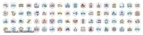 set of transportation web icons in outline style. thin line icons such as helicopter profile, double decker bus, hatchback, military airplane, paddlewheeler, patrol car, zeppelin, compact car,