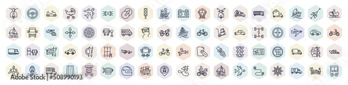 set of transport web icons in outline style. thin line icons such as scooter bike, go kart, car traffic, gas truck, alloy wheel, slim, formula 1, airport checking, tram stop icon.
