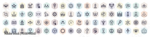 set of religion web icons in outline style. thin line icons such as holy elephant, jewish, jesus, last supper, goddess, monastery, candles, blasphemy, agticism icon.