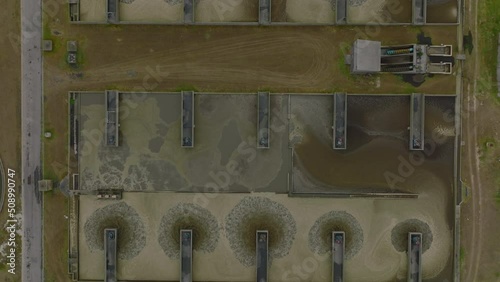 Top down ascending footage of wastewater tanks. Cleaning water before returning to nature. Port Elisabeth, South Africa