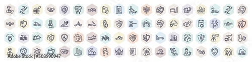 set of insurance web icons in outline style. thin line icons such as beneficiary, puncture in a wheel, actual cash value, stone on the road, overturned car, contract coverage, accident, air travel