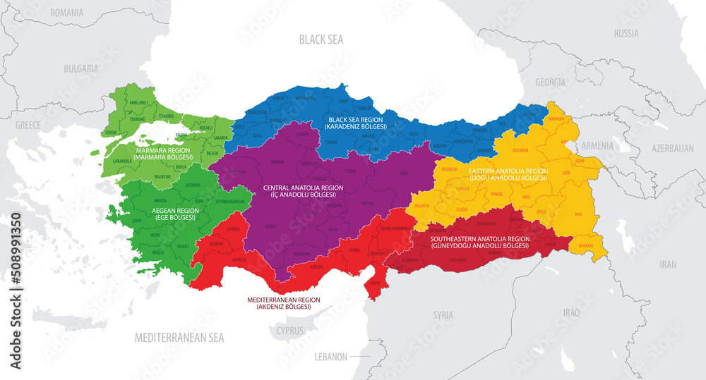 Fototapeta premium Map of the Turkey with administrative divisions of the country into Districts and Provinces, detailed vector illustration