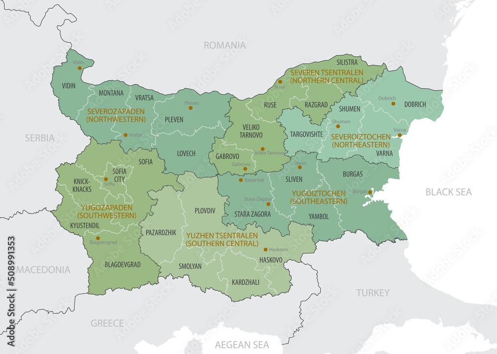 Obraz premium Detailed map of Bulgaria with administrative divisions into -Regions and Provinces (Oblasts), major cities of the country, vector illustration onwhite background