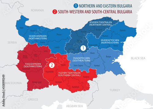 Map of the Bulgaria with administrative divisions of the country into Regions and Provinces (Oblasts), detailed vector illustration
