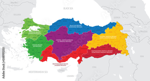 Map of the Turkey with administrative divisions of the country into Districts and Provinces, detailed vector illustration