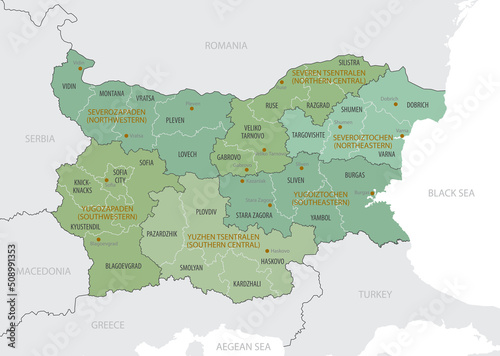 Detailed map of Bulgaria with administrative divisions into -Regions and Provinces (Oblasts), major cities of the country, vector illustration onwhite background