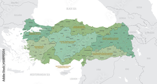 Detailed map of Turkey with administrative divisions into Districts and Provinces, major cities of the country, vector illustration onwhite background photo