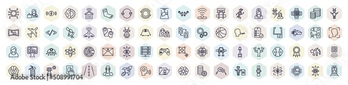 set of artificial intellegence web icons in outline style. thin line icons such as unsupervised learning, wireless charging, processing, genetic modification, unmanned aerial vehicle, ar monocle,