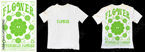 Retro psychedelic groovy poster with smiling flowers. Fashionable print for a t-shirt, hoodie or sweatshirt. In style 70s, isolated on a white background