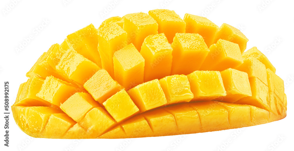 Half of mango fruit cut in hedgehog style. File contains clipping path. Half of mango fruit cut in hedgehog style. File contains clipping path.