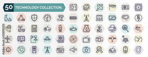 set of technology collection. web icons in outline style. thin line icons such as circuit board, kitchen timer, holiday, , sega gamepad, printing, 3d printers, reflex photo camera, reciever,