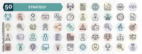 set of strategy web icons in outline style. thin line icons such as leader, racing, translator, start, award, risk, positioning, balance, medal, focus icon.