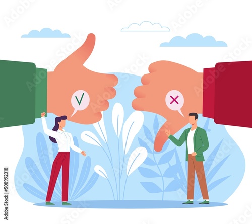 Choose between positive and negative. Decision making, comparison of pros and cons, huge hand gestures, tiny people thinking, right and wrong way, vector cartoon flat isolated concept
